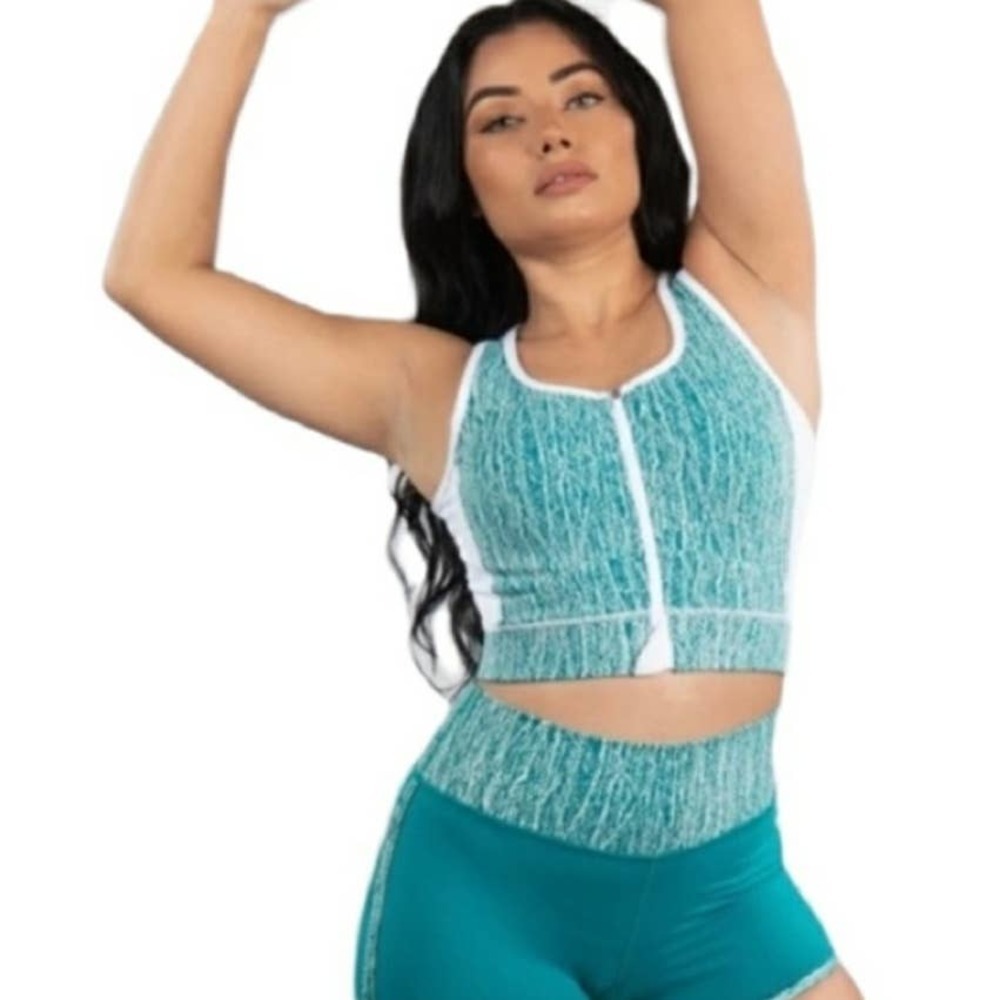 BuffBunny Jacquard Crop Bra Top‎ M Teal Martini Blue White Zip Front